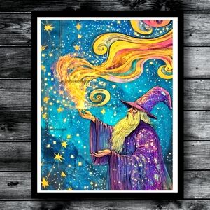 Mystical Wizard Art Print - Blue and Purple Magical Room Wall Decor